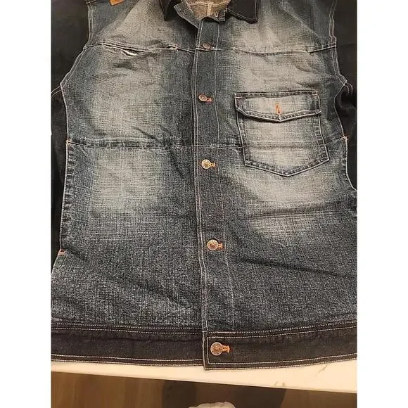 Akademiks Jean Jacket Mens 3XL Blue Denim Button Up Long Sleeve Y2K Hiphop - Picture 7 of 14